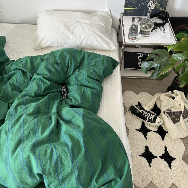 green striped bed linen